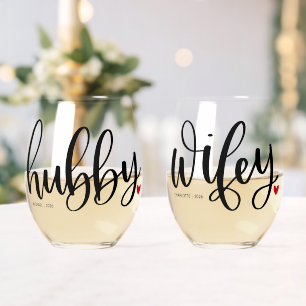 Hubby Wifey Couple Typography Design Custom Stemless Wine Glass