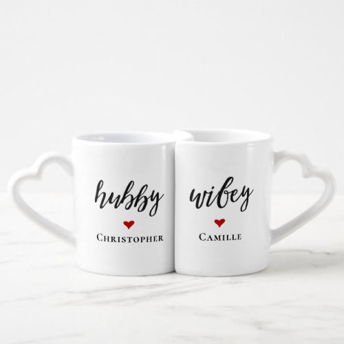 Hubby Wifey First Names Red Heart Engagement Coffee Mug Set