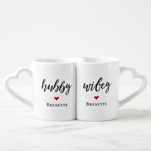 Hubby Wifey Married Name Red Heart Engagement Coffee Mug Set