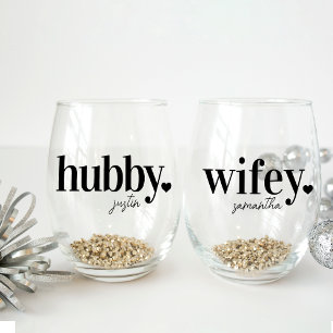Hubby & Wifey Personalized Name Newlyweds Stemless Wine Glass