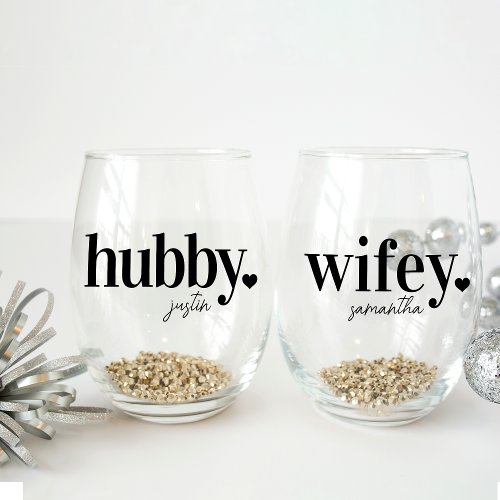 Hubby  Wifey  Personalized Name Newlyweds Stemless Wine Glass