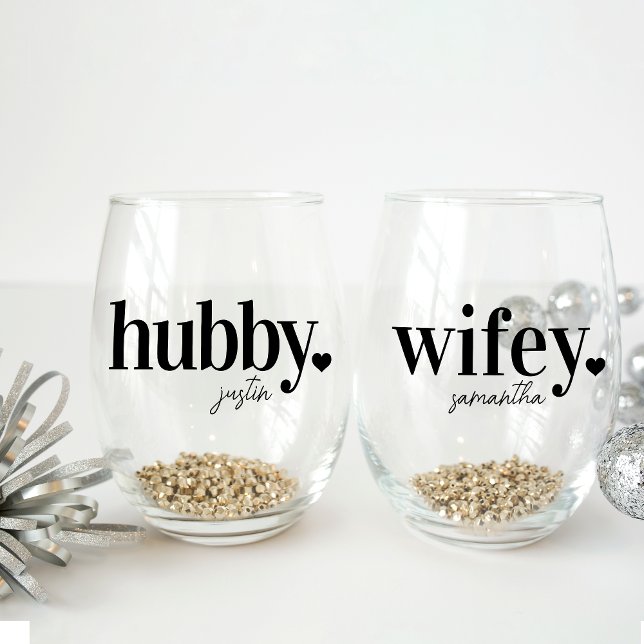 Hubby & Wifey | Personalized Name Newlyweds Stemless Wine Glass (Creator Uploaded)