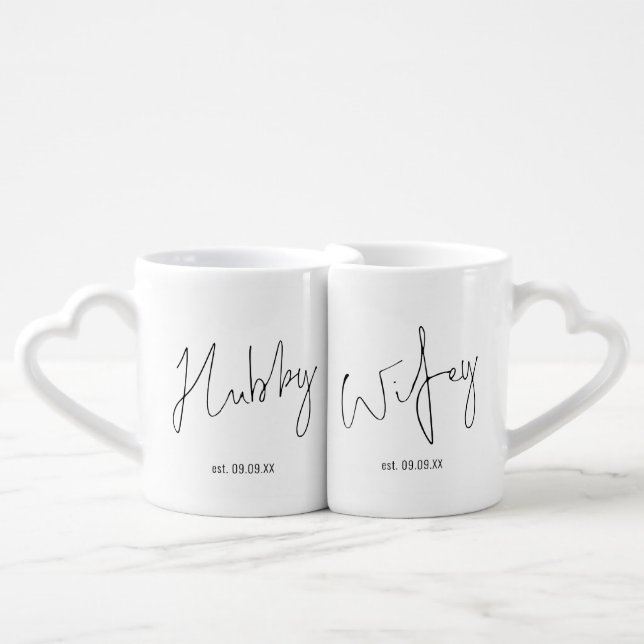 Hubby Wifey Script Names Date Black White  Coffee Mug Set (Front Nesting)