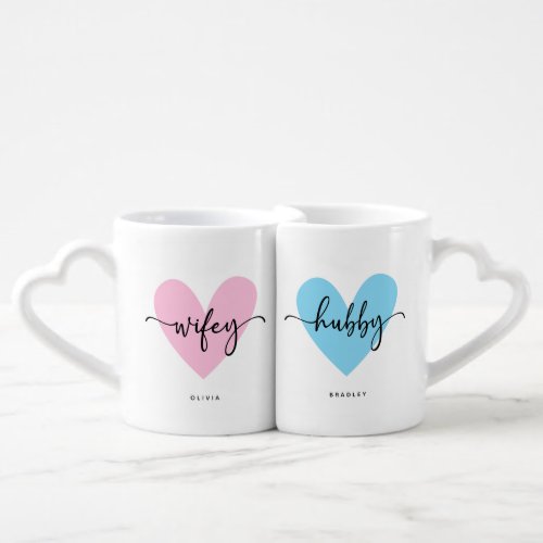Hubby  Wifey Valentines Cute Heart Coffee Mug Set