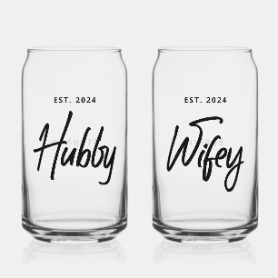 Hubby + Wifey Wedding Personalized Can Glass