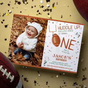 Huddle Up Football Brown Photo 1st Birthday Invitation