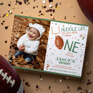 Huddle Up Football Green Photo 1st Birthday Invitation