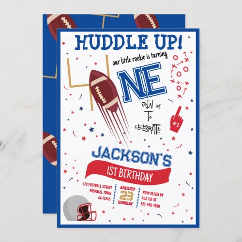 Huddle Up Little Rookie Cute Football 1st Birthday Invitation