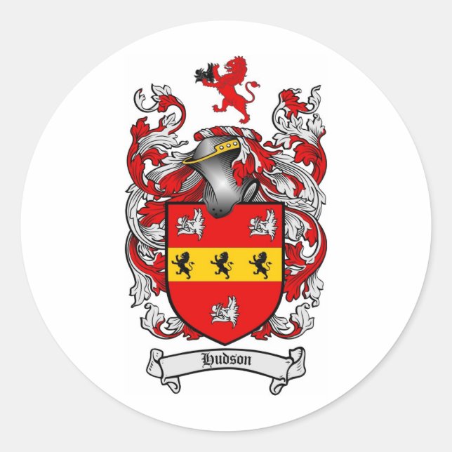 HUDSON FAMILY CREST -  HUDSON COAT OF ARMS CLASSIC ROUND STICKER (Front)