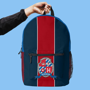 Hudson name meaning red blue knight sheild printed backpack