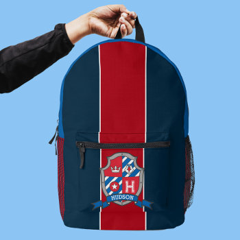 Hudson Name Meaning Red Blue Knight Sheild Printed Backpack by Mylittleeden at Zazzle