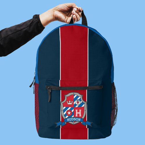 Hudson name meaning red blue knight sheild printed backpack