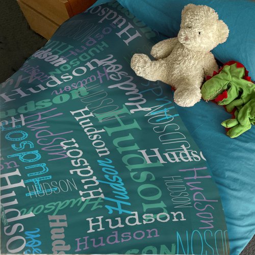 Hudson personalized name aqua green purple gray fleece blanket