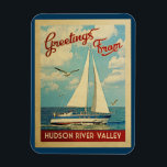 Hudson River Valley Sailboat Vintage Travel NY Magnet<br><div class="desc">This Greetings From Hudson River Valley New York vintage travel nautical design features a boat sailing on the water with seagulls and a blue sky filled with gorgeous puffy white clouds.</div>