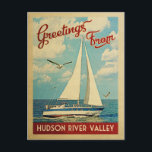 Hudson River Valley Sailboat Vintage Travel NY Postcard<br><div class="desc">This Greetings From Hudson River Valley New York vintage travel nautical design features a boat sailing on the water with seagulls and a blue sky filled with gorgeous puffy white clouds.</div>