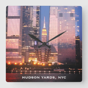 Hudson Yards (Vessel) Empire State Building, NYC Square Wall Clock