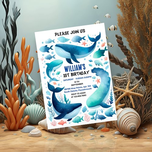 hues cool fish sea blue whale shark 1st Birthday Invitation