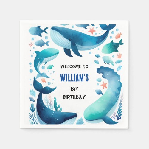 hues cool fish sea blue whale shark 1st Birthday Napkins