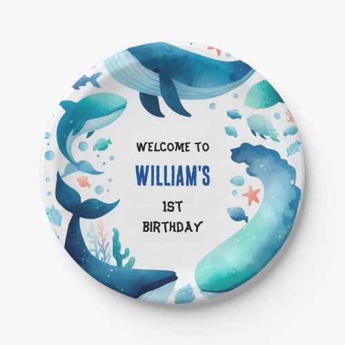 hues cool fish sea blue whale shark 1st Birthday Paper Plates