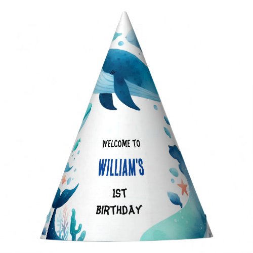 hues cool fish sea blue whale shark 1st Birthday Party Hat