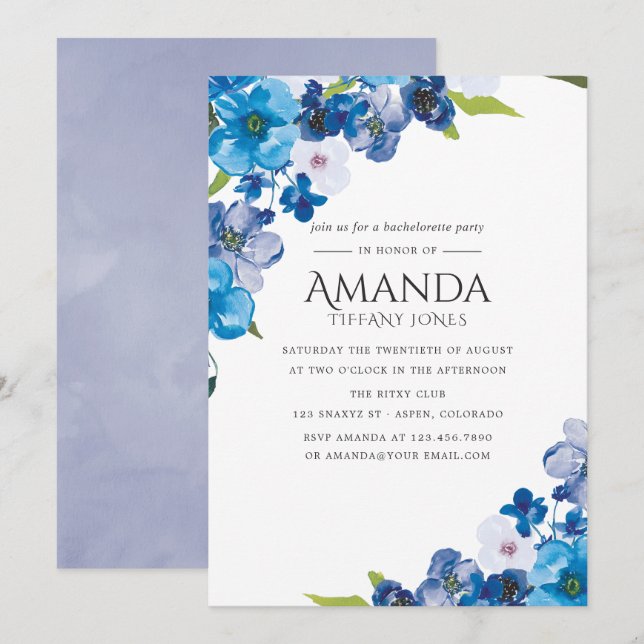 Hues of Blue Floral Bachelorette Party invitation (Front/Back)