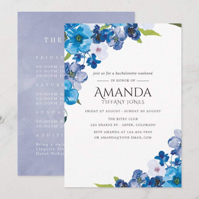 Hues of Blue Floral Bachelorette Weekend Invite (Front/Back)