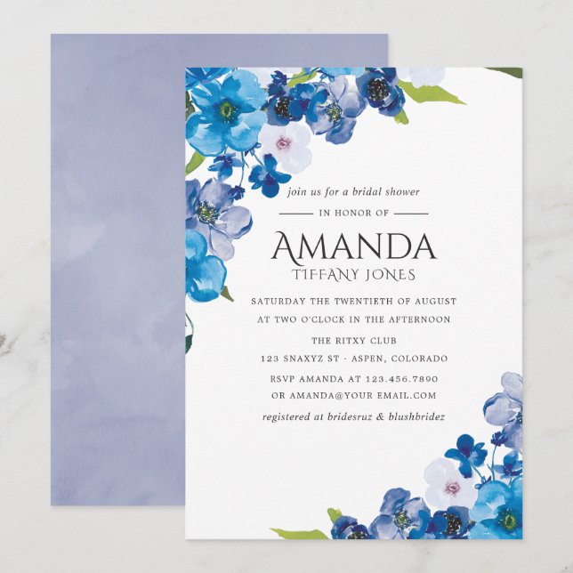 Hues of Blue Floral Bridal Shower invitation (Front/Back)