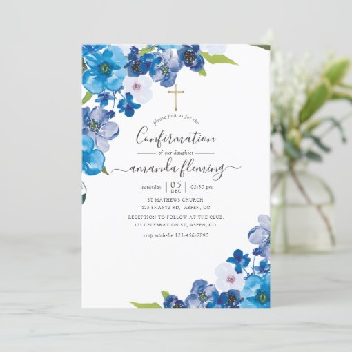 Hues of Blue Floral Confirmation Invitation | Zazzle