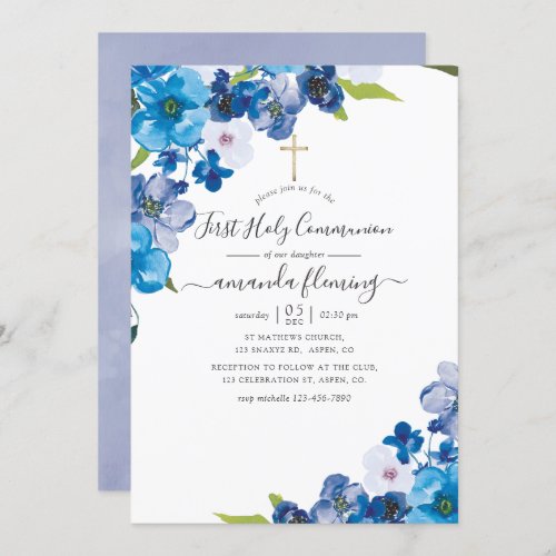 Hues of Blue Floral First Holy Communion Invitation