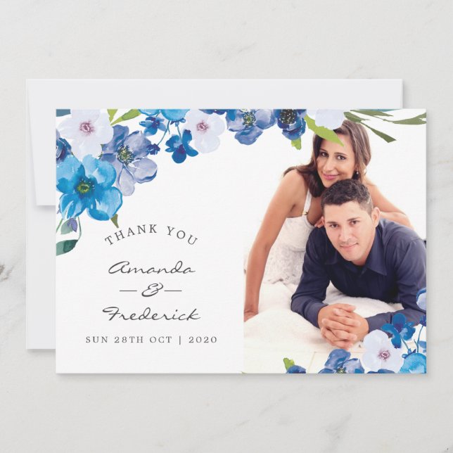 Hues of Blue Floral Wedding Thank You photo (Front)