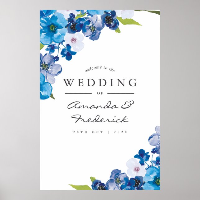 Hues of Blue Floral Wedding Welcome Poster (Front)