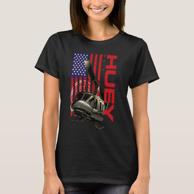 Huey Military Helicopter Airplane American Flag T-Shirt (Front)
