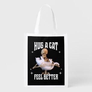 Hug a Cat Feel Better Funny Skeleton Cat Art Grocery Bag