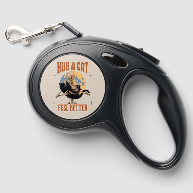 Hug A Cat Feel Better Funny Skeleton Cat Art Retractable Pet Leash (Front)