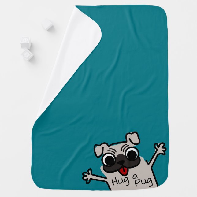 Hug a Pug Teal Baby Blanket (In Situ)