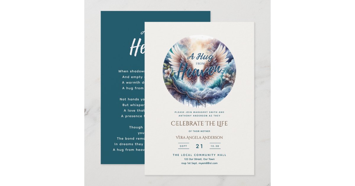 Hug Invitation Hug From Heaven Poem Celebration of Life Funeral Invitation | Zazzle