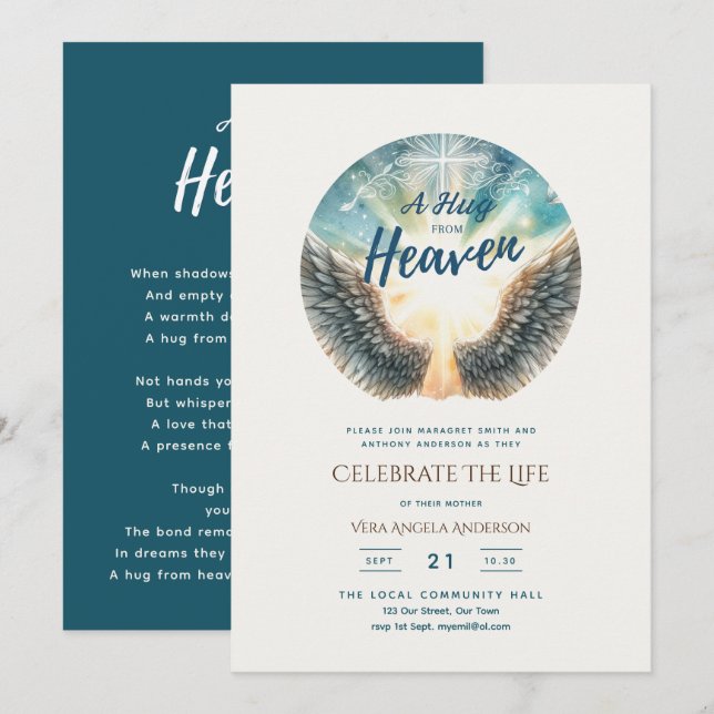 Hug From Heaven Poem Celebration of Life Memorial Invitation (Front/Back)