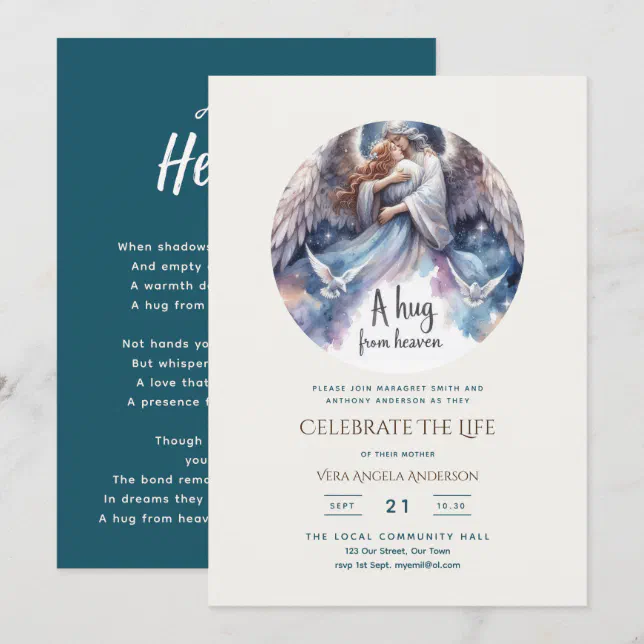 Hug Invitation Hug From Heaven Poem Celebration of Life Memorial Invitation | Zazzle