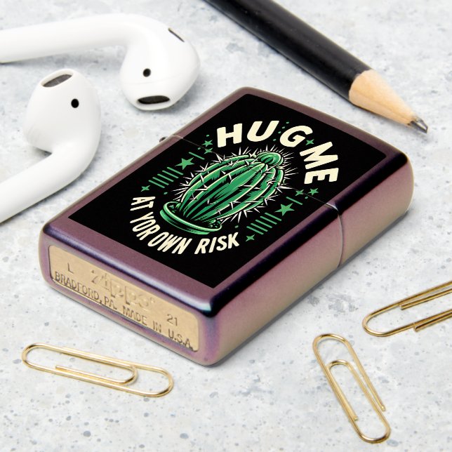 Hug Me At Your Own Risk Cactus Illustration Zippo Lighter (On Table 2)