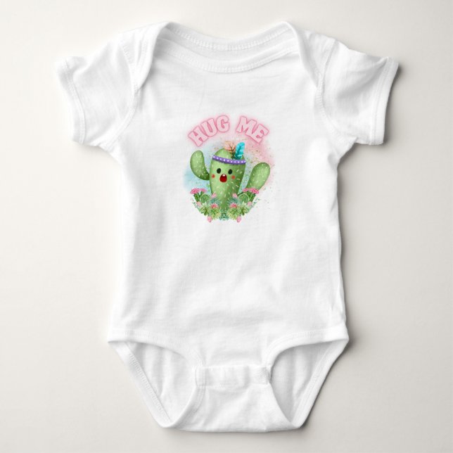 Hug Me Cactus Funny Cozy Baby Bodysuit (Front)