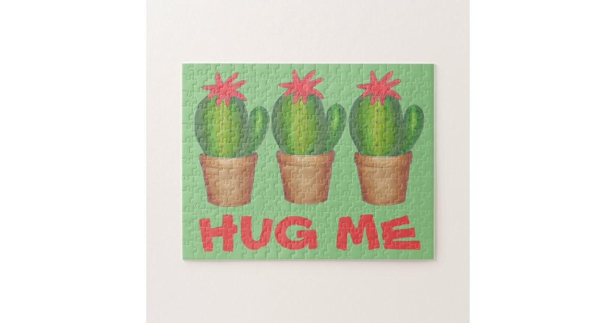 Hug Me Green Cactus Cacti Cactuses Potted Plant Jigsaw Puzzle Zazzle