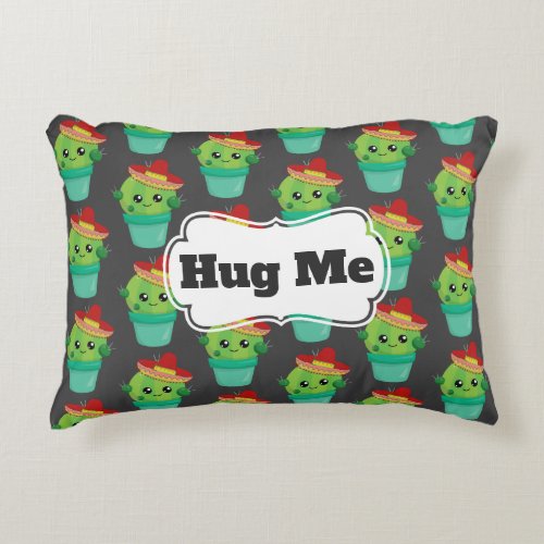 Hug Me Green Cactus in a Red Sombrero Pattern Accent Pillow