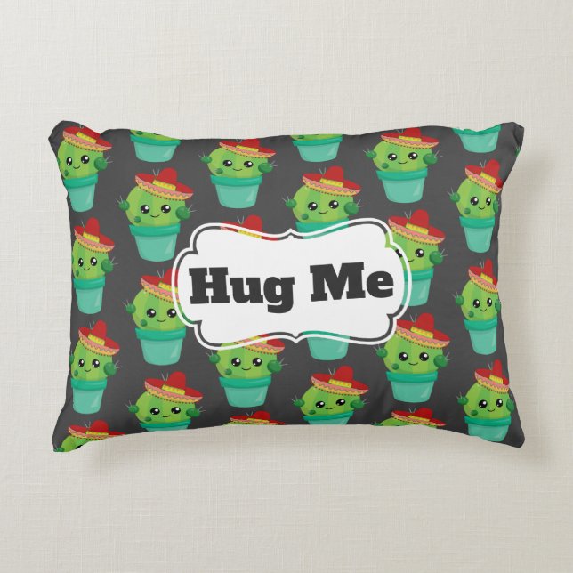 Hug Me Green Cactus in a Red Sombrero Pattern Accent Pillow (Front)