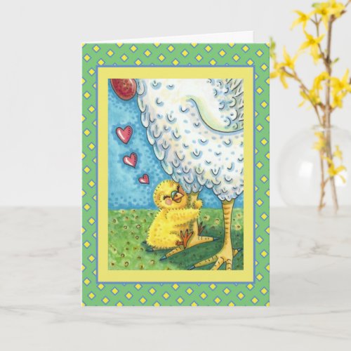 HUG YOUR MOMMA, BABY CHICK LOVES MOTHER HEN Blank Card