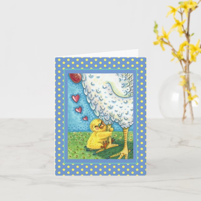 HUG YOUR MOMMA, BABY CHICK LOVES MOTHER HEN Blank Card (Yellow Flower)
