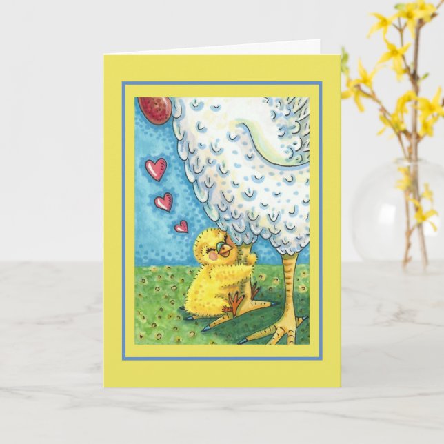 HUG YOUR MOMMA, BABY CHICK LOVES MOTHER HEN Blank Card (Yellow Flower)