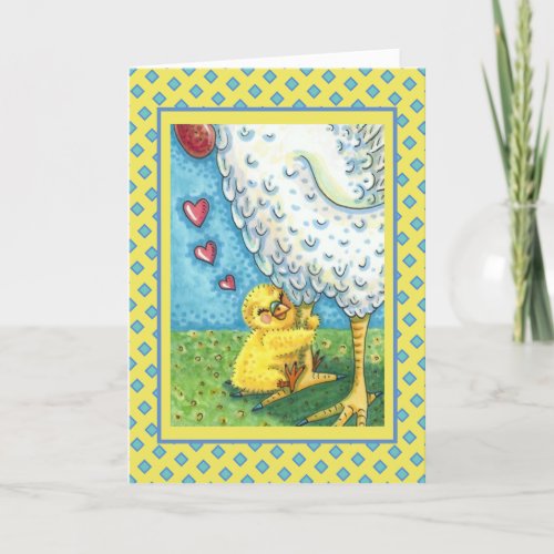 HUG YOUR MOMMA CUTE BABY CHICK LOVES MOTHER HEN HOLIDAY CARD