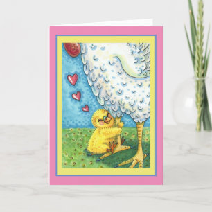HUG YOUR MOMMA, CUTE BABY CHICK LOVES MOTHER HEN HOLIDAY CARD