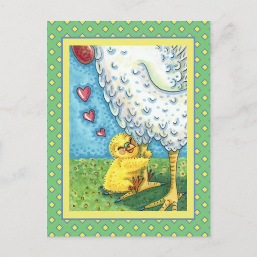 HUG YOUR MOMMA CUTE BABY CHICK LOVES MOTHER HEN HOLIDAY POSTCARD