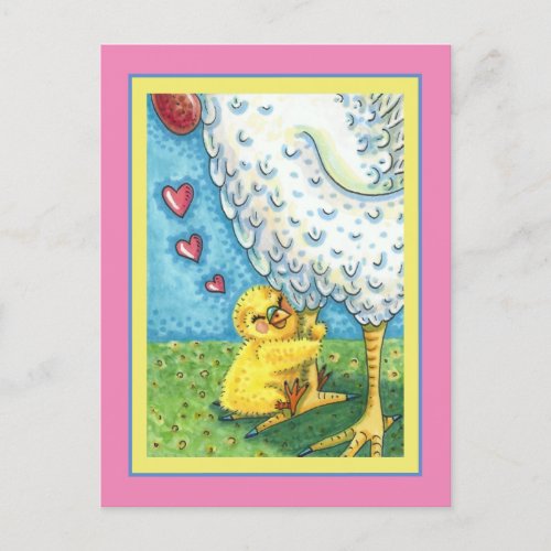 HUG YOUR MOMMA CUTE BABY CHICK LOVES MOTHER HEN HOLIDAY POSTCARD